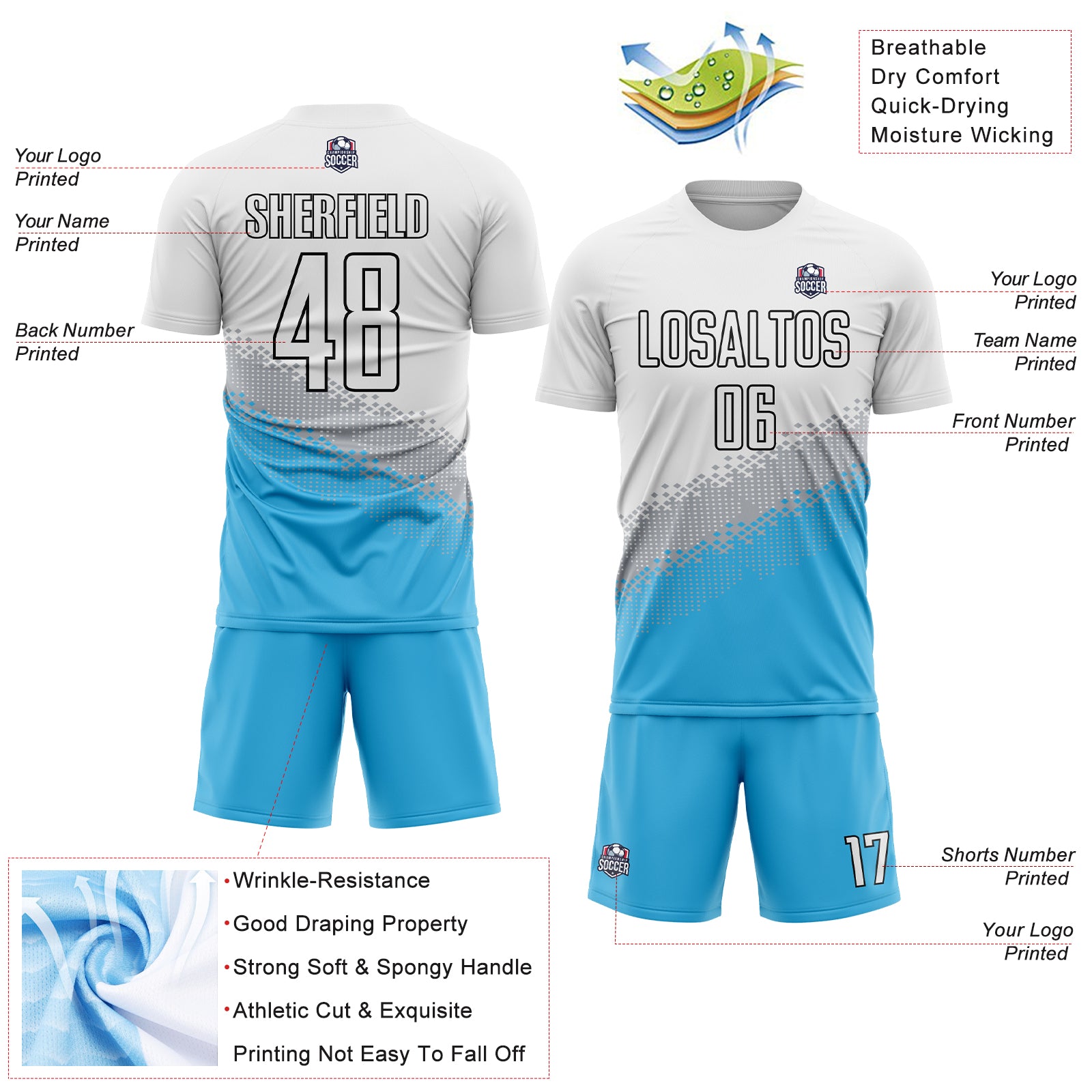 Custom White Gray Sky Blue-Black Gradient Geometric Shape Sublimation Soccer Uniform Jersey
