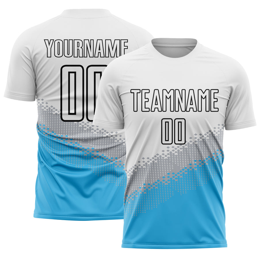 Custom White Gray Sky Blue-Black Gradient Geometric Shape Sublimation Soccer Uniform Jersey