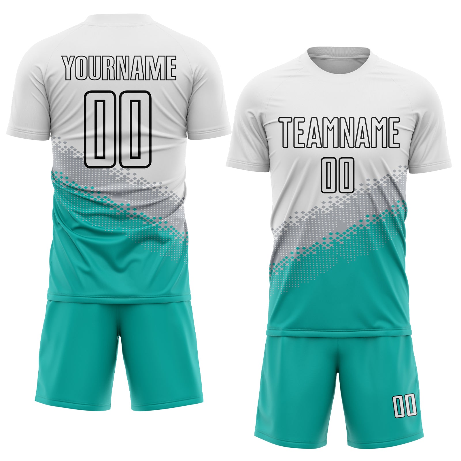 Custom White Gray Aqua-Black Gradient Geometric Shape Sublimation Soccer Uniform Jersey