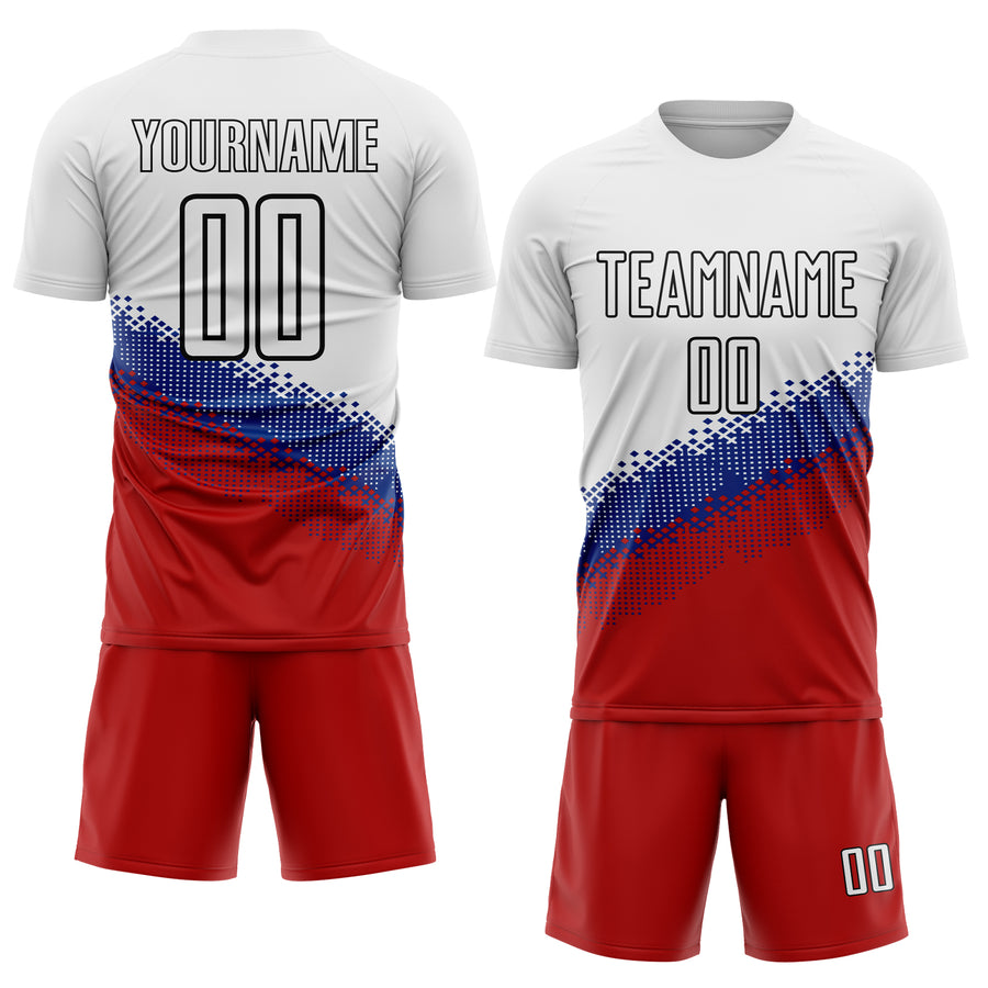 Custom White Royal Red-Black Gradient Geometric Shape Sublimation Soccer Uniform Jersey