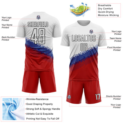 Custom White Royal Red-Black Gradient Geometric Shape Sublimation Soccer Uniform Jersey
