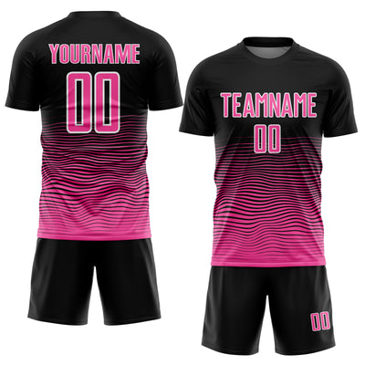 Custom Black Pink-White Gradient Line Sublimation Soccer Uniform Jersey
