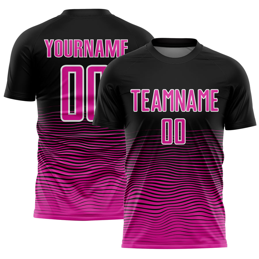 Custom Black Deep Pink-White Gradient Line Sublimation Soccer Uniform Jersey