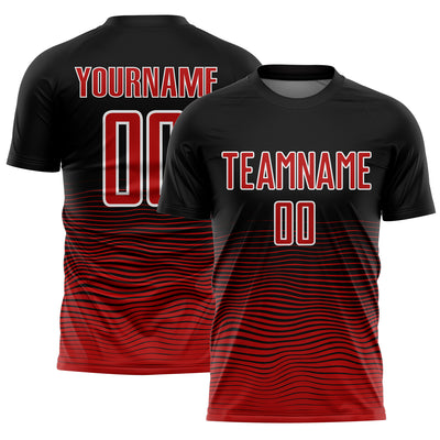 Custom Black Red-White Gradient Line Sublimation Soccer Uniform Jersey