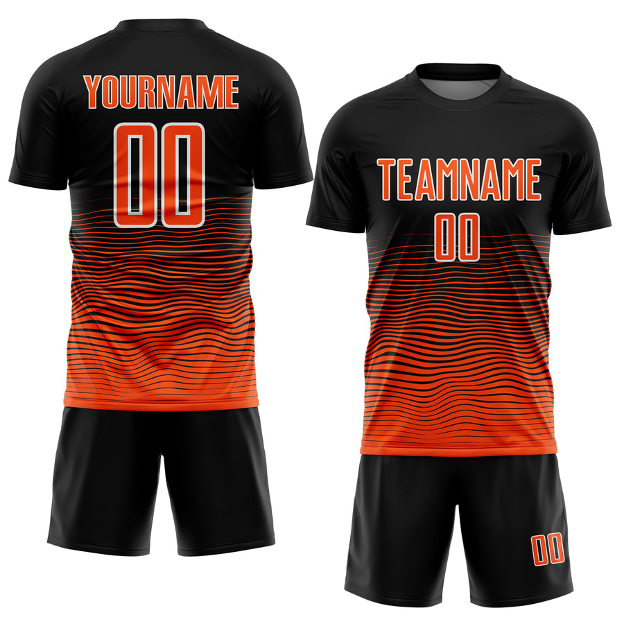 Custom Black Orange-White Gradient Line Sublimation Soccer Uniform Jersey