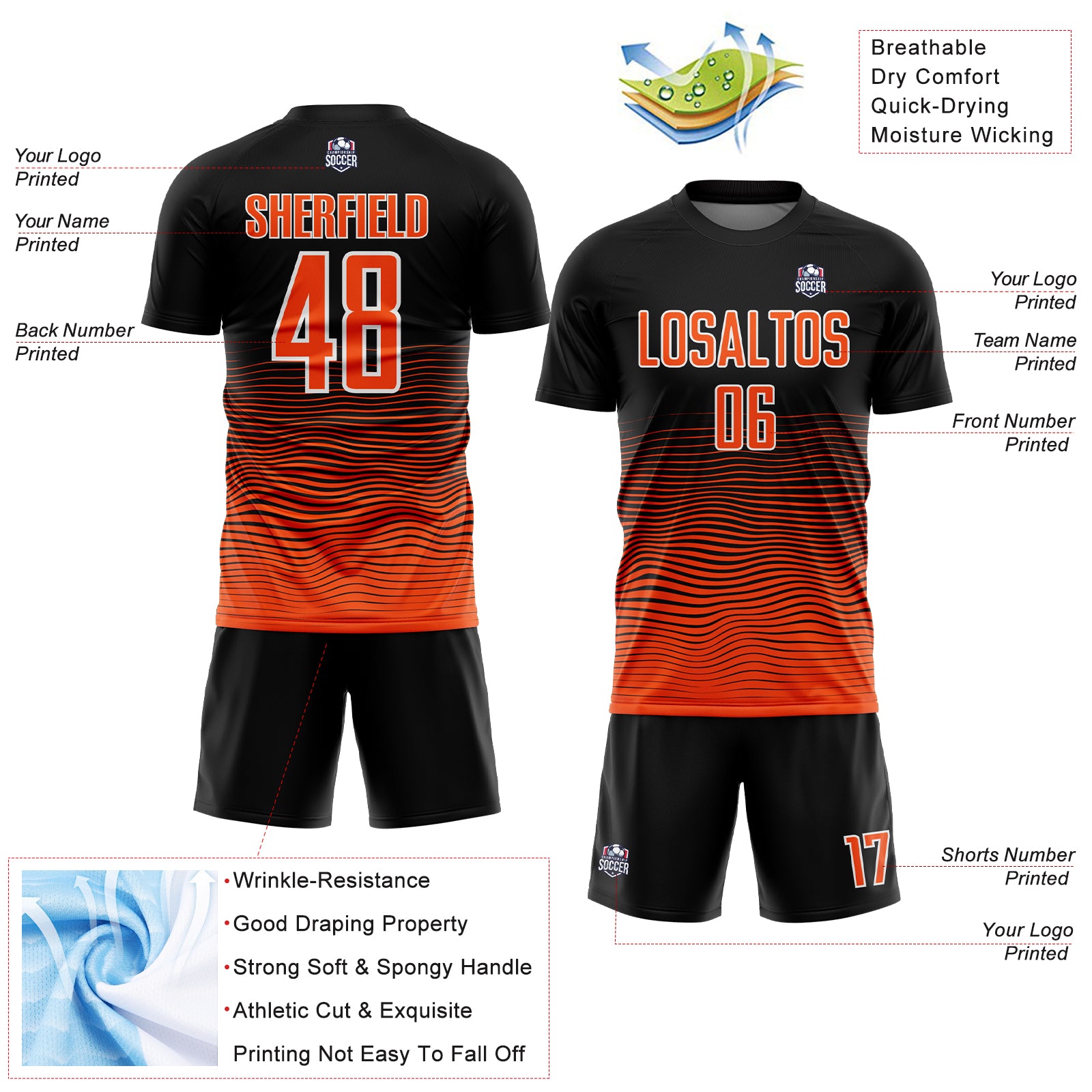 Custom Black Orange-White Gradient Line Sublimation Soccer Uniform Jersey
