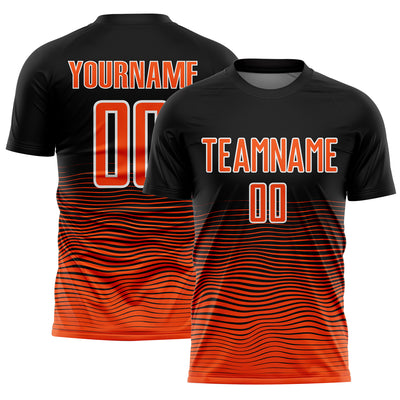 Custom Black Orange-White Gradient Line Sublimation Soccer Uniform Jersey