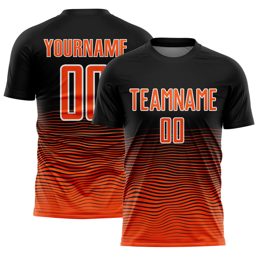 Custom Black Orange-White Gradient Line Sublimation Soccer Uniform Jersey