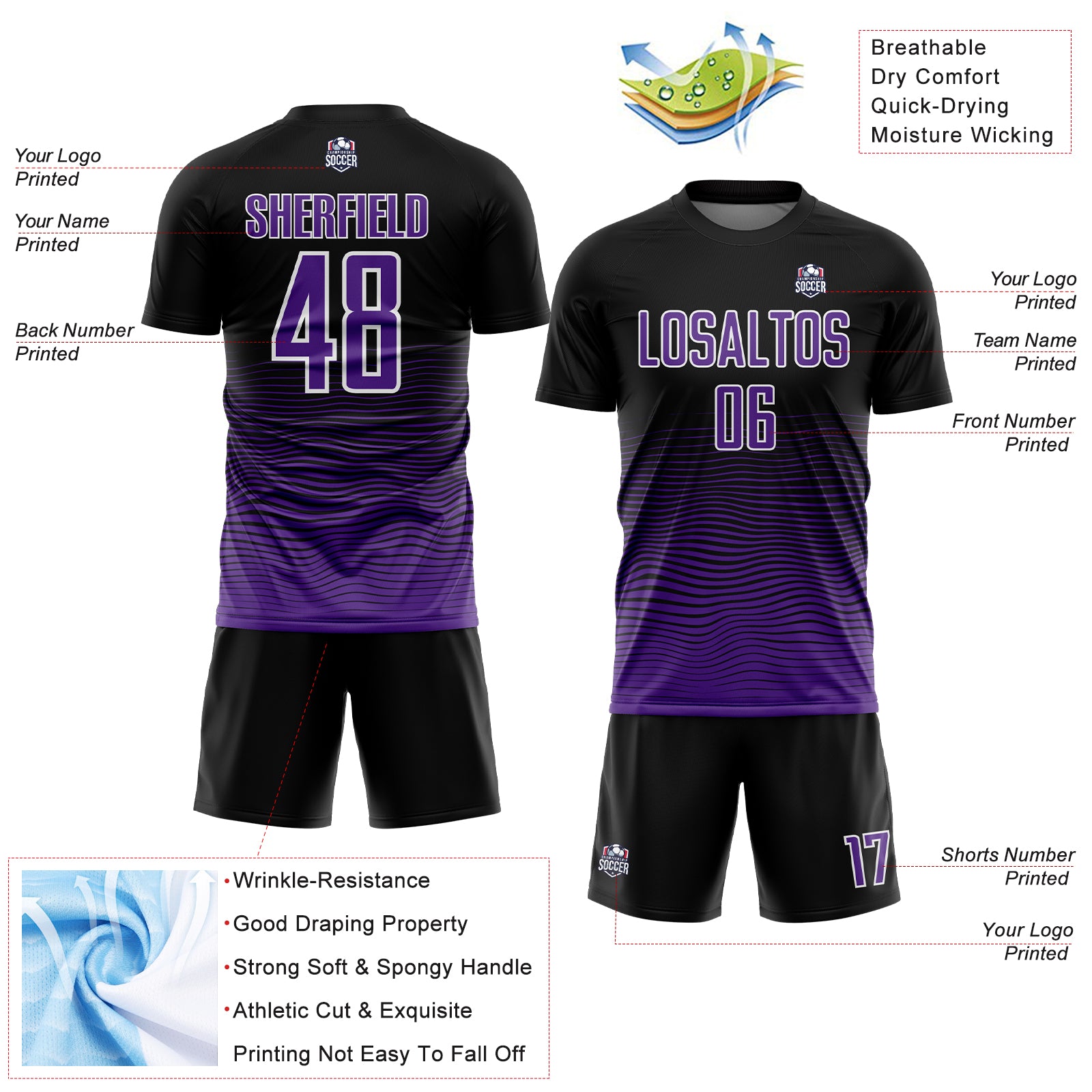 Custom Black Purple-White Gradient Line Sublimation Soccer Uniform Jersey