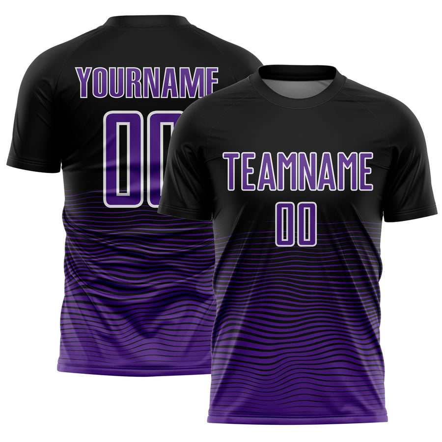 Custom Black Purple-White Gradient Line Sublimation Soccer Uniform Jersey