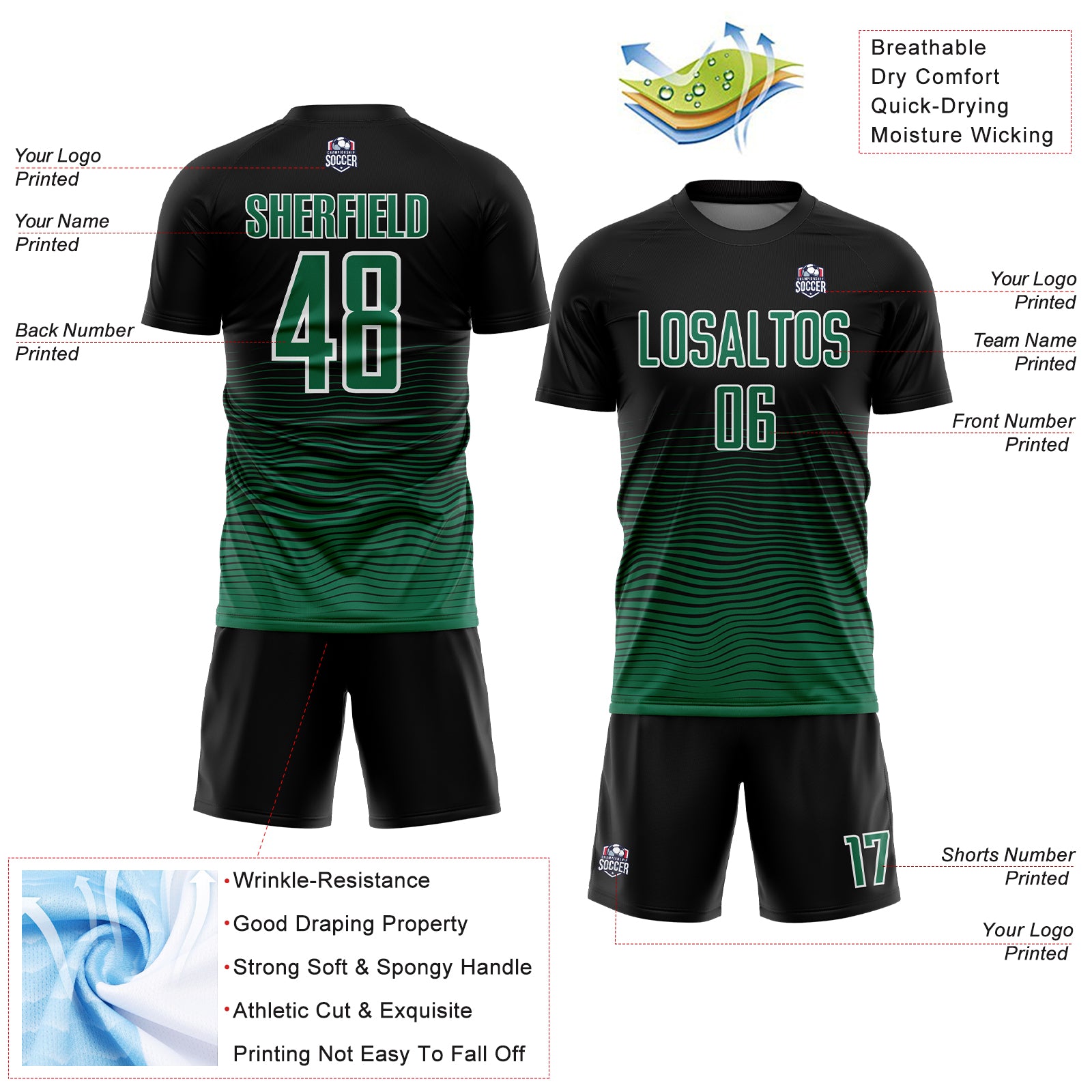 Custom Black Kelly Green-White Gradient Line Sublimation Soccer Uniform Jersey