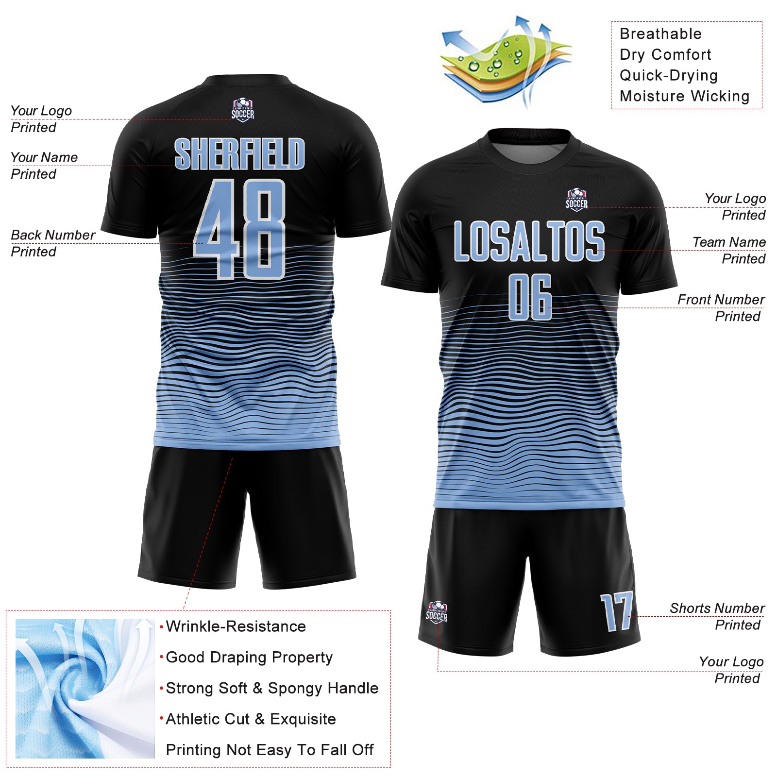 Custom Black Light Blue-White Gradient Line Sublimation Soccer Uniform Jersey
