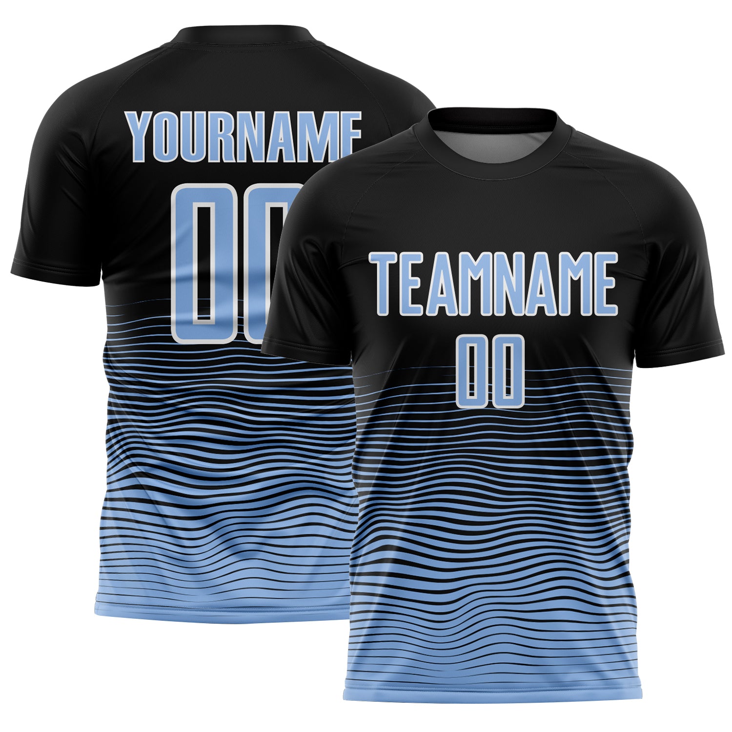 Custom Black Light Blue-White Gradient Line Sublimation Soccer Uniform Jersey