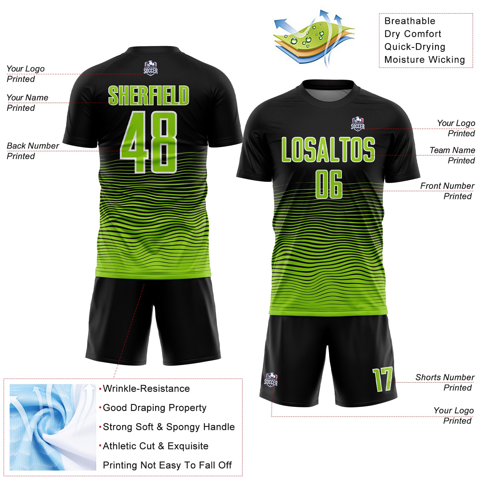Custom Black Neon Green-White Gradient Line Sublimation Soccer Uniform Jersey