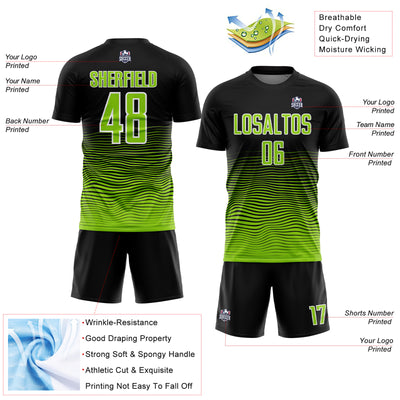Custom Black Neon Green-White Gradient Line Sublimation Soccer Uniform Jersey