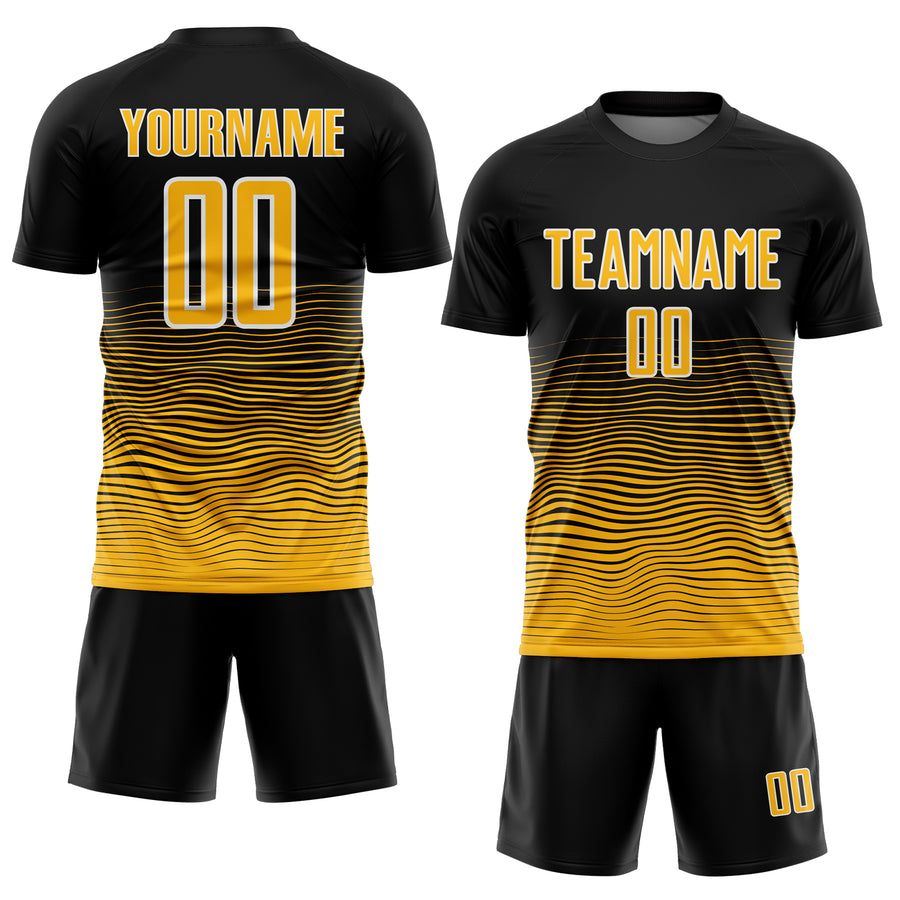Custom Black Gold-White Gradient Line Sublimation Soccer Uniform Jersey
