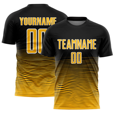 Custom Black Gold-White Gradient Line Sublimation Soccer Uniform Jersey