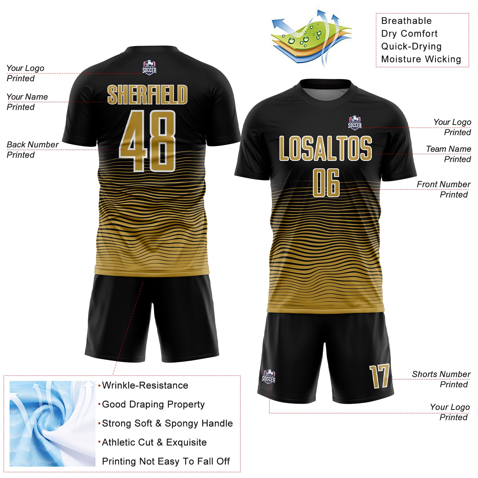 Custom Black Old Gold-White Gradient Line Sublimation Soccer Uniform Jersey