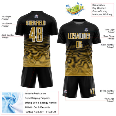 Custom Black Old Gold-White Gradient Line Sublimation Soccer Uniform Jersey