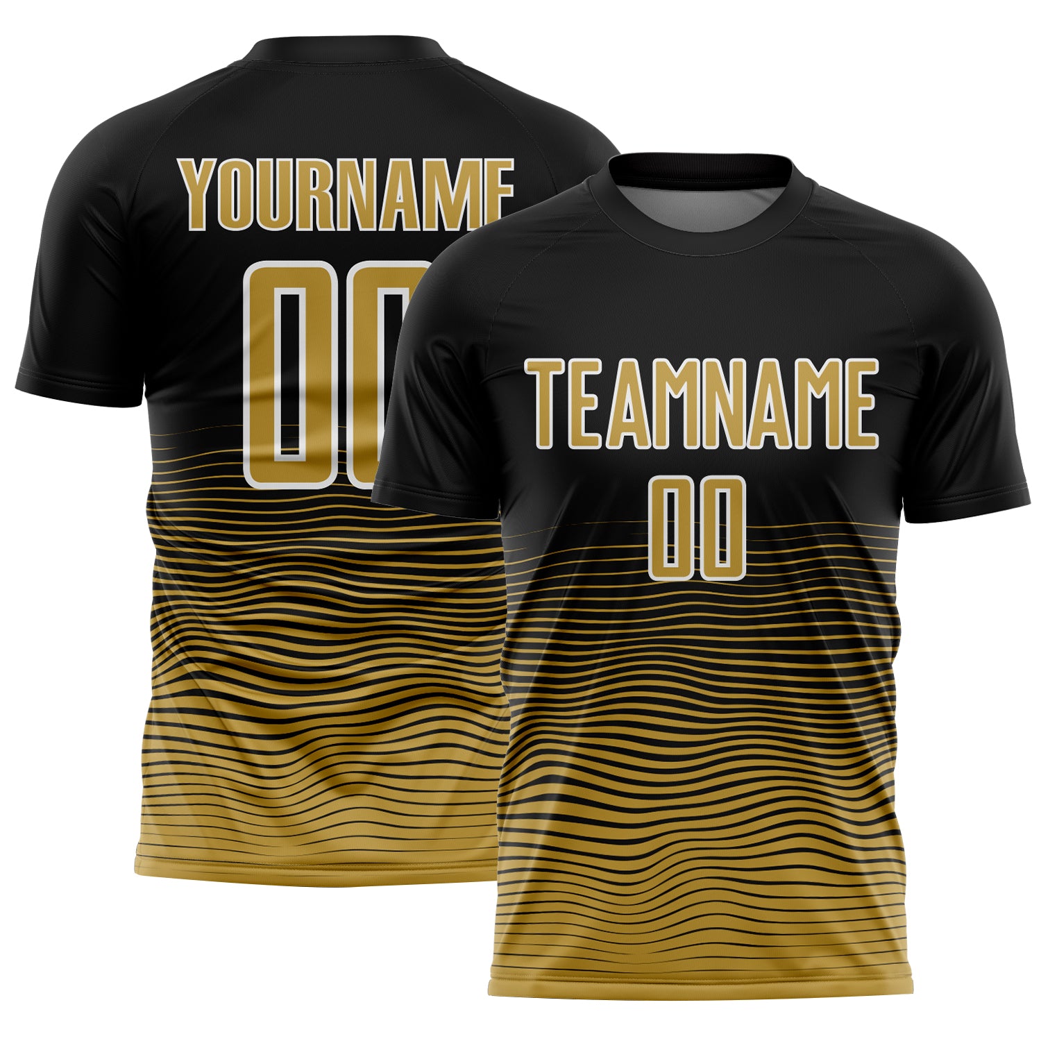 Custom Black Old Gold-White Gradient Line Sublimation Soccer Uniform Jersey