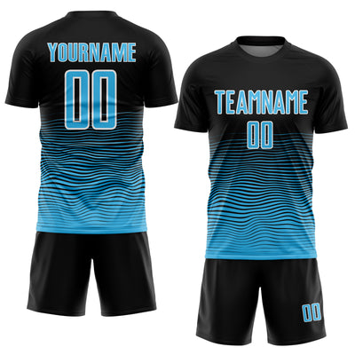 Custom Black Sky Blue-White Gradient Line Sublimation Soccer Uniform Jersey