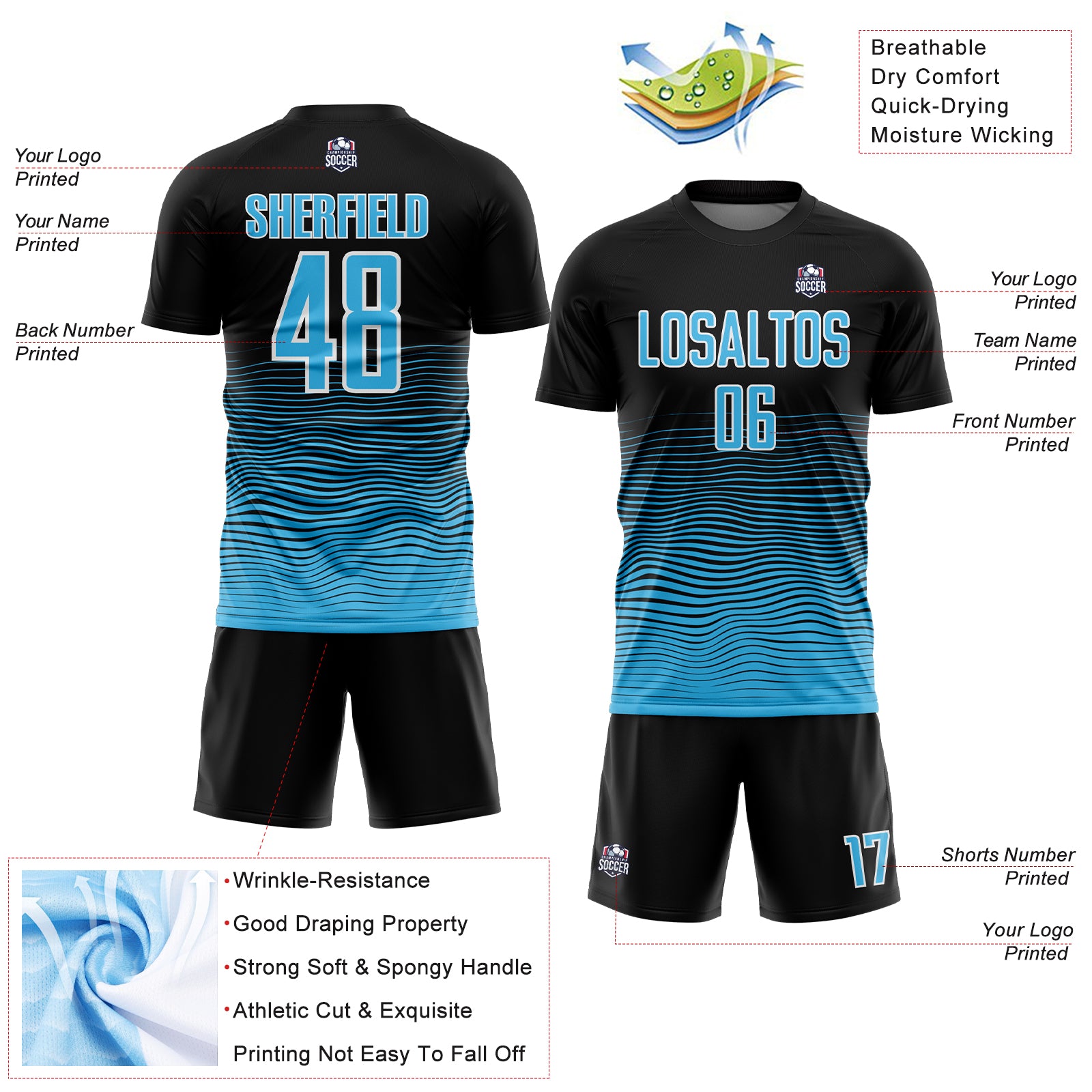 Custom Black Sky Blue-White Gradient Line Sublimation Soccer Uniform Jersey