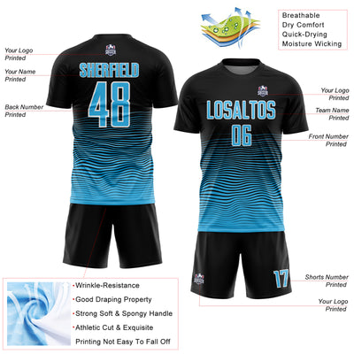 Custom Black Sky Blue-White Gradient Line Sublimation Soccer Uniform Jersey