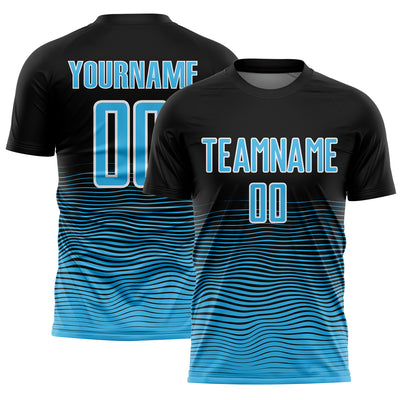 Custom Black Sky Blue-White Gradient Line Sublimation Soccer Uniform Jersey