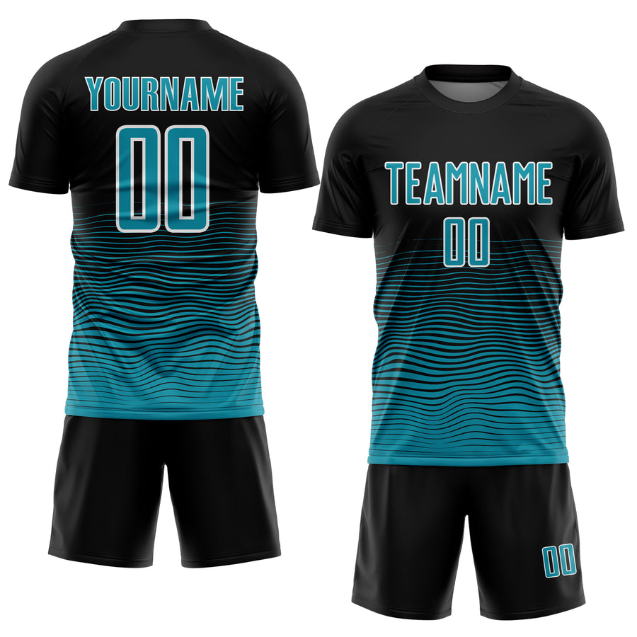 Custom Black Teal-White Gradient Line Sublimation Soccer Uniform Jersey