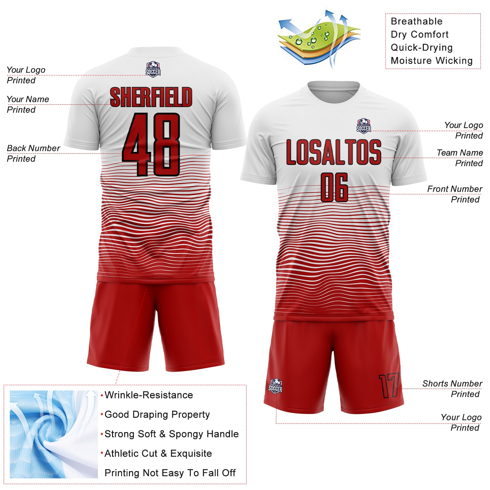 Custom White Red-Black Gradient Line Sublimation Soccer Uniform Jersey