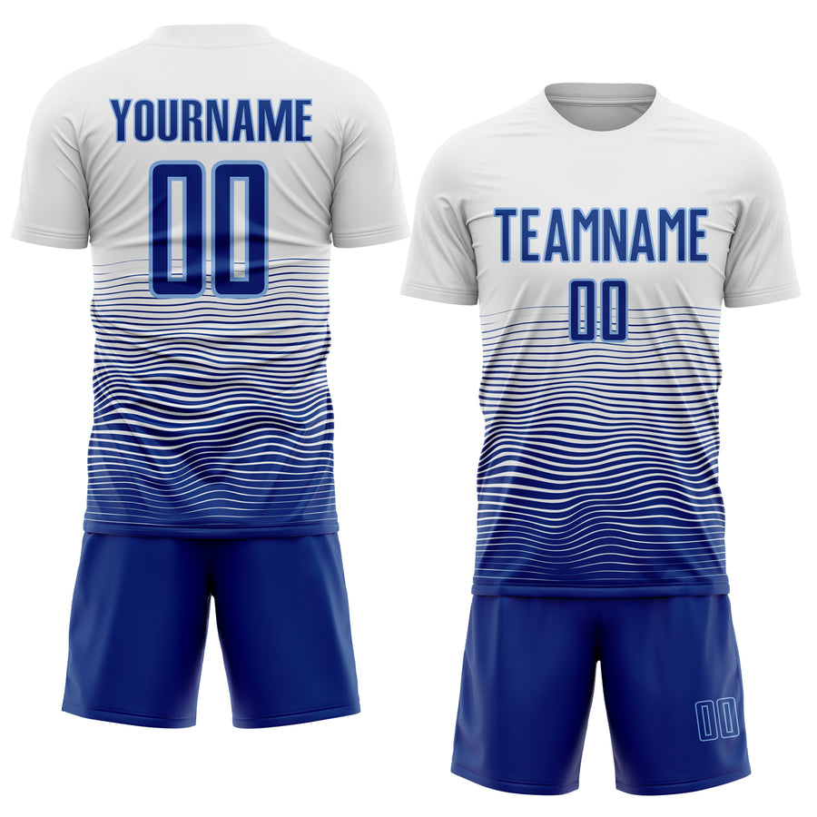 Custom White Royal-Light Blue Gradient Line Sublimation Soccer Uniform Jersey