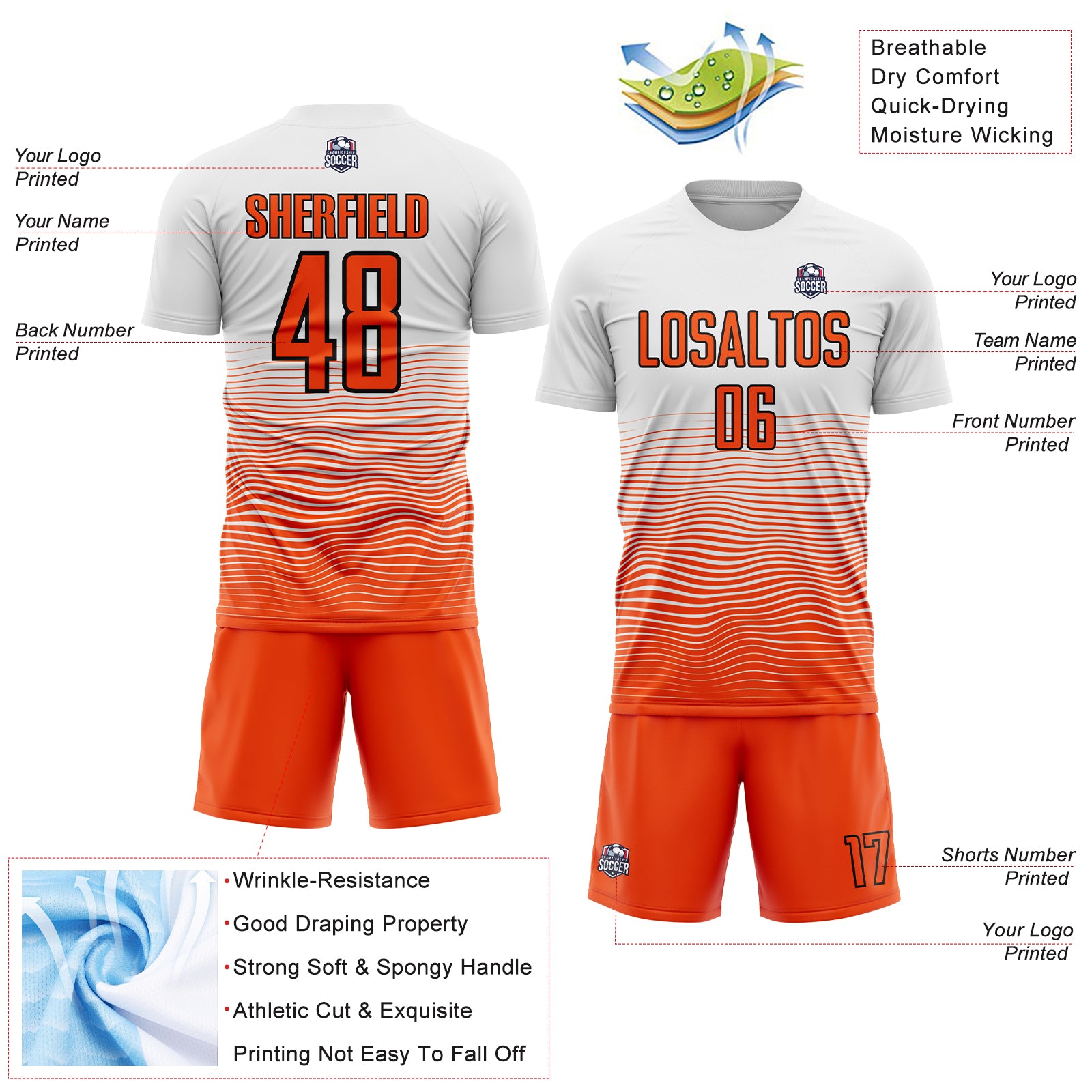 Custom White Orange-Black Gradient Line Sublimation Soccer Uniform Jersey