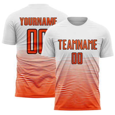 Custom White Orange-Black Gradient Line Sublimation Soccer Uniform Jersey