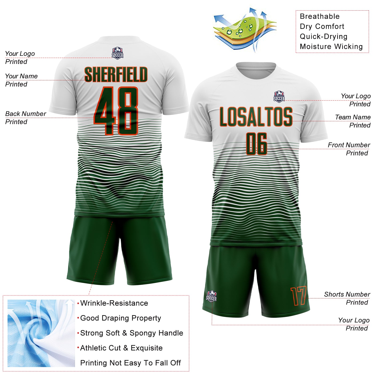 Custom White Green-Orange Gradient Line Sublimation Soccer Uniform Jersey