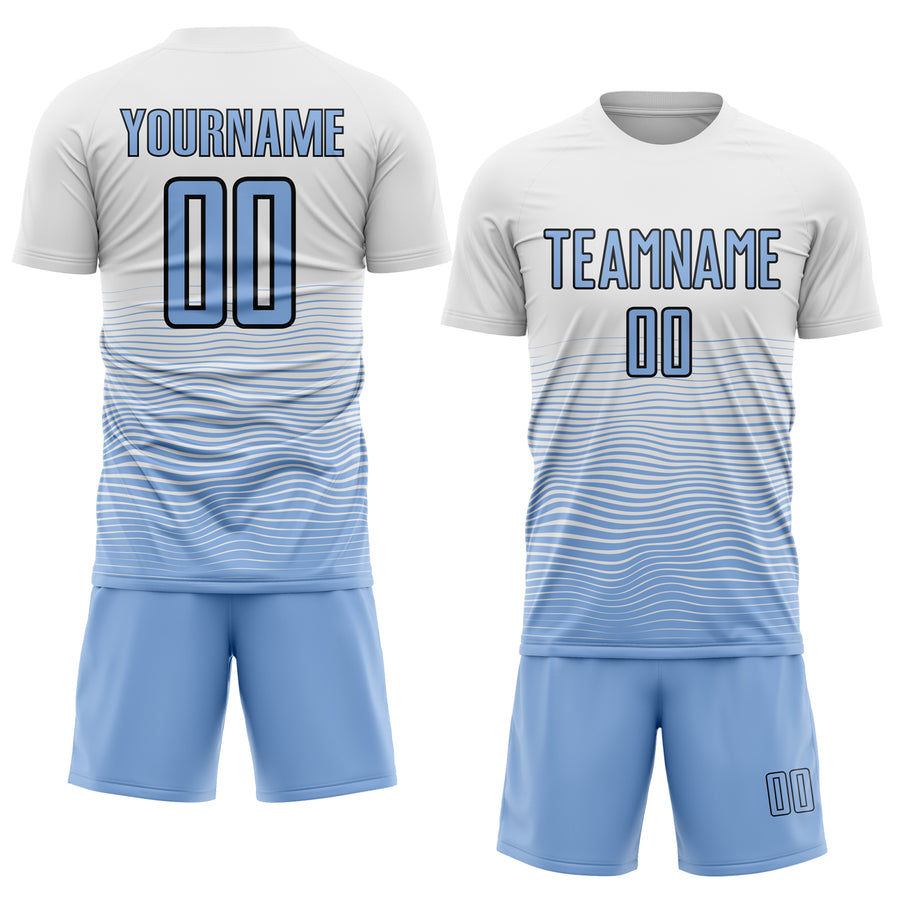 Custom White Light Blue-Black Gradient Line Sublimation Soccer Uniform Jersey