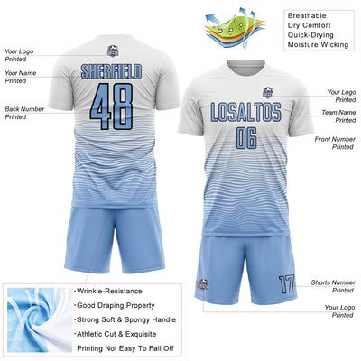 Custom White Light Blue-Black Gradient Line Sublimation Soccer Uniform Jersey