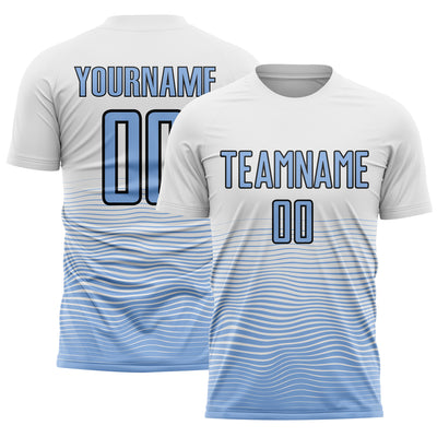 Custom White Light Blue-Black Gradient Line Sublimation Soccer Uniform Jersey