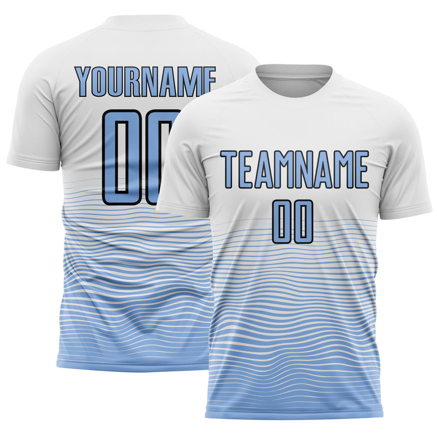 Custom White Light Blue-Black Gradient Line Sublimation Soccer Uniform Jersey