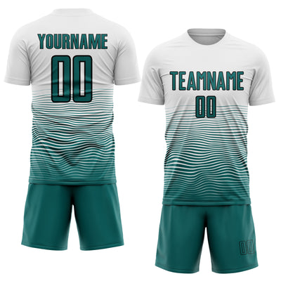 Custom White Teal-Black Gradient Line Sublimation Soccer Uniform Jersey