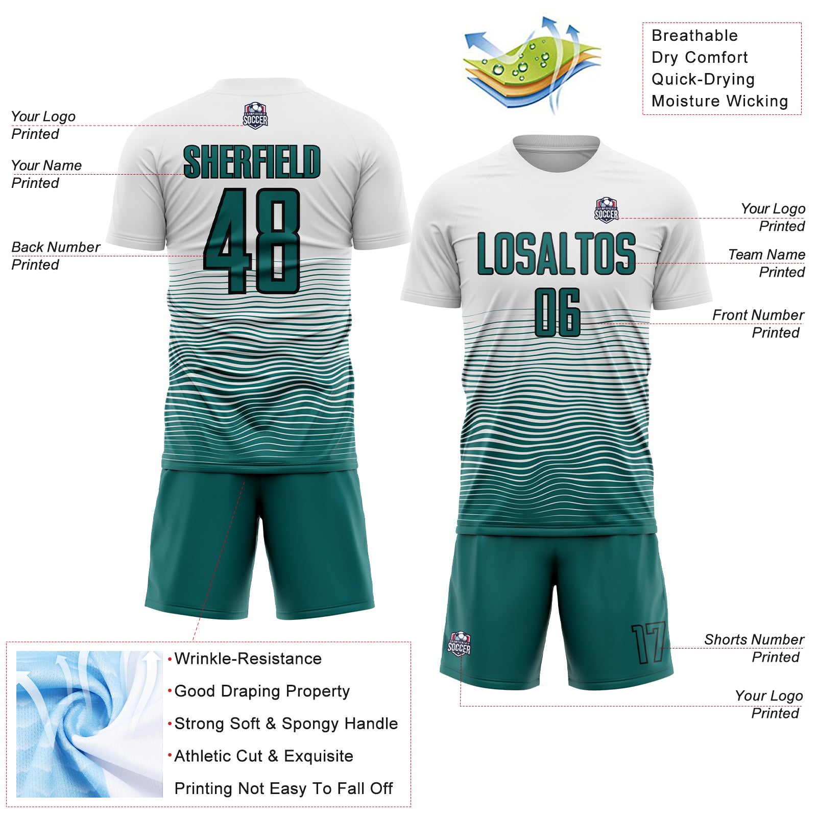 Custom White Teal-Black Gradient Line Sublimation Soccer Uniform Jersey