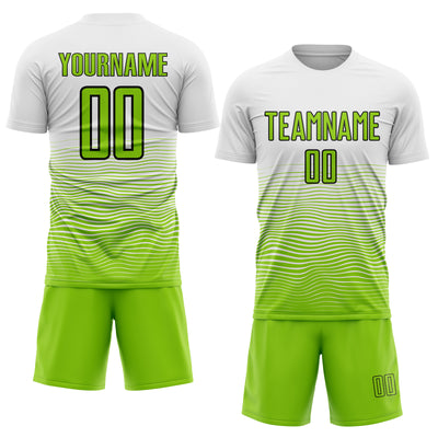 Custom White Neon Green-Black Gradient Line Sublimation Soccer Uniform Jersey
