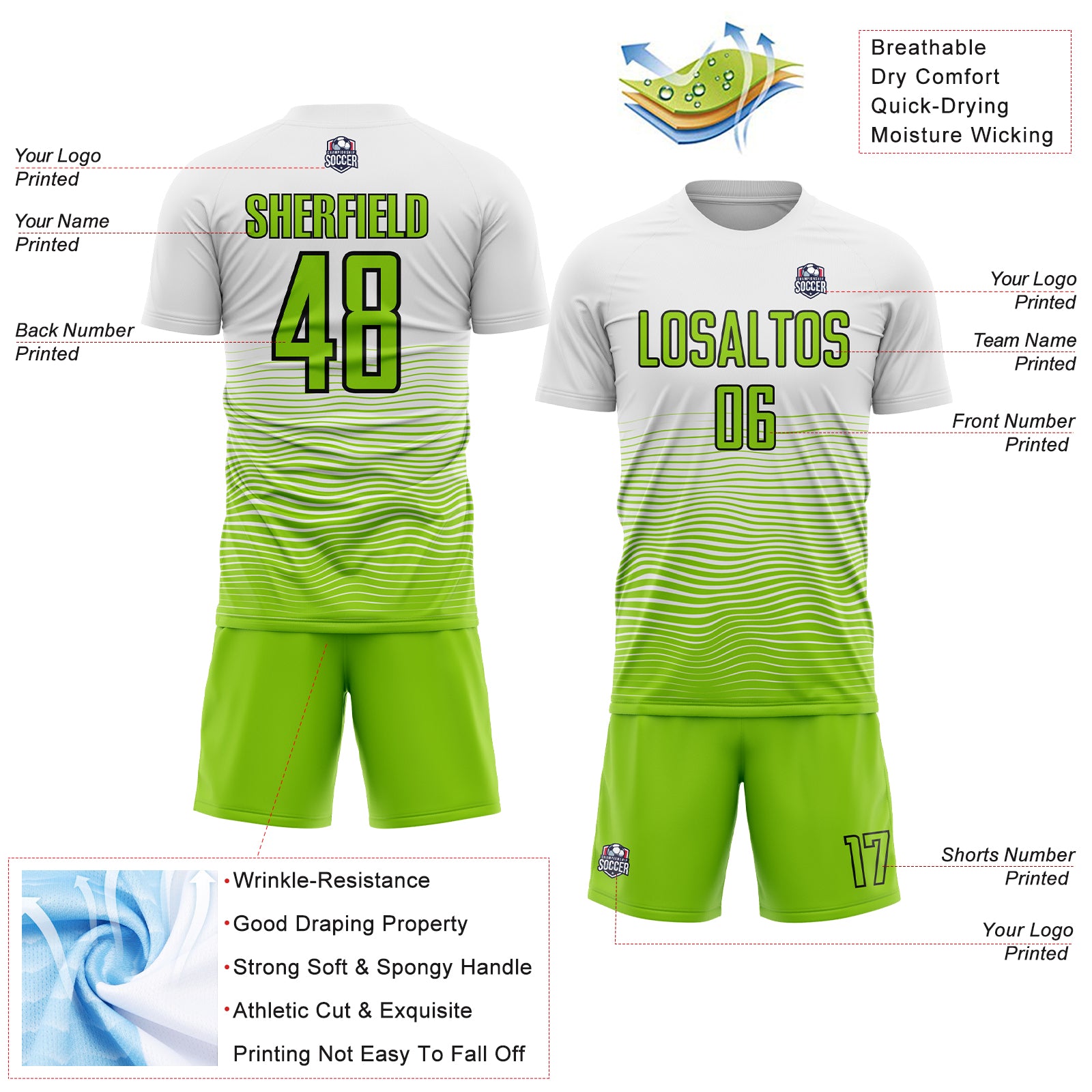 Custom White Neon Green-Black Gradient Line Sublimation Soccer Uniform Jersey