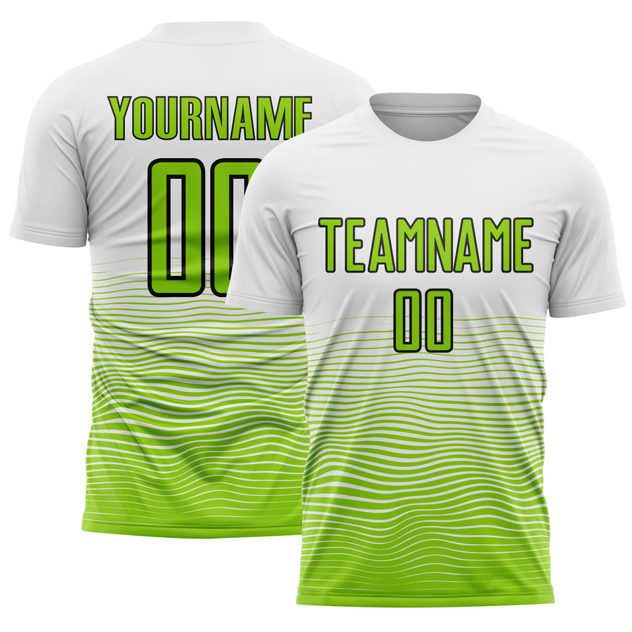 Custom White Neon Green-Black Gradient Line Sublimation Soccer Uniform Jersey