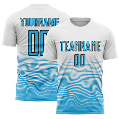 Custom White Sky Blue-Black Gradient Line Sublimation Soccer Uniform Jersey