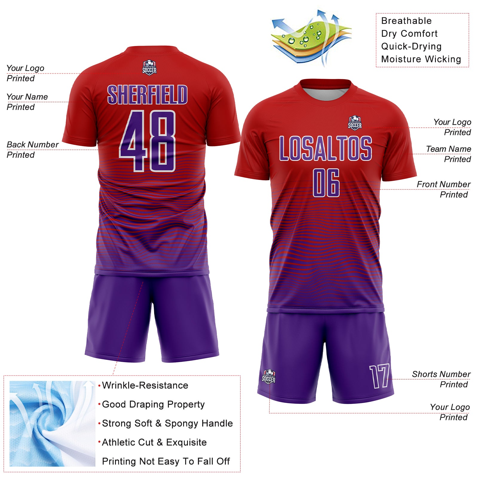 Custom Red Purple-White Gradient Line Sublimation Soccer Uniform Jersey
