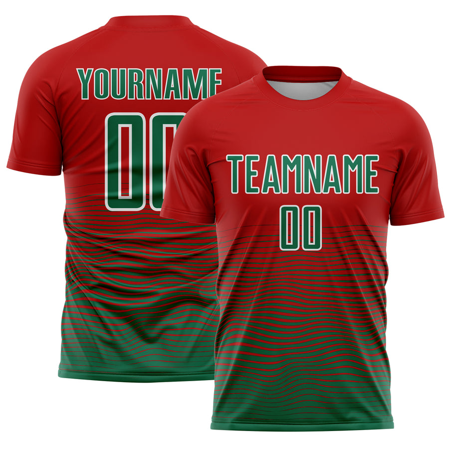 Custom Red Kelly Green-White Gradient Line Sublimation Soccer Uniform Jersey