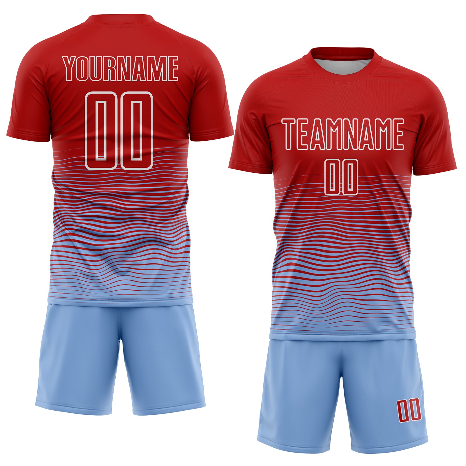 Custom Red Light Blue-White Gradient Line Sublimation Soccer Uniform Jersey