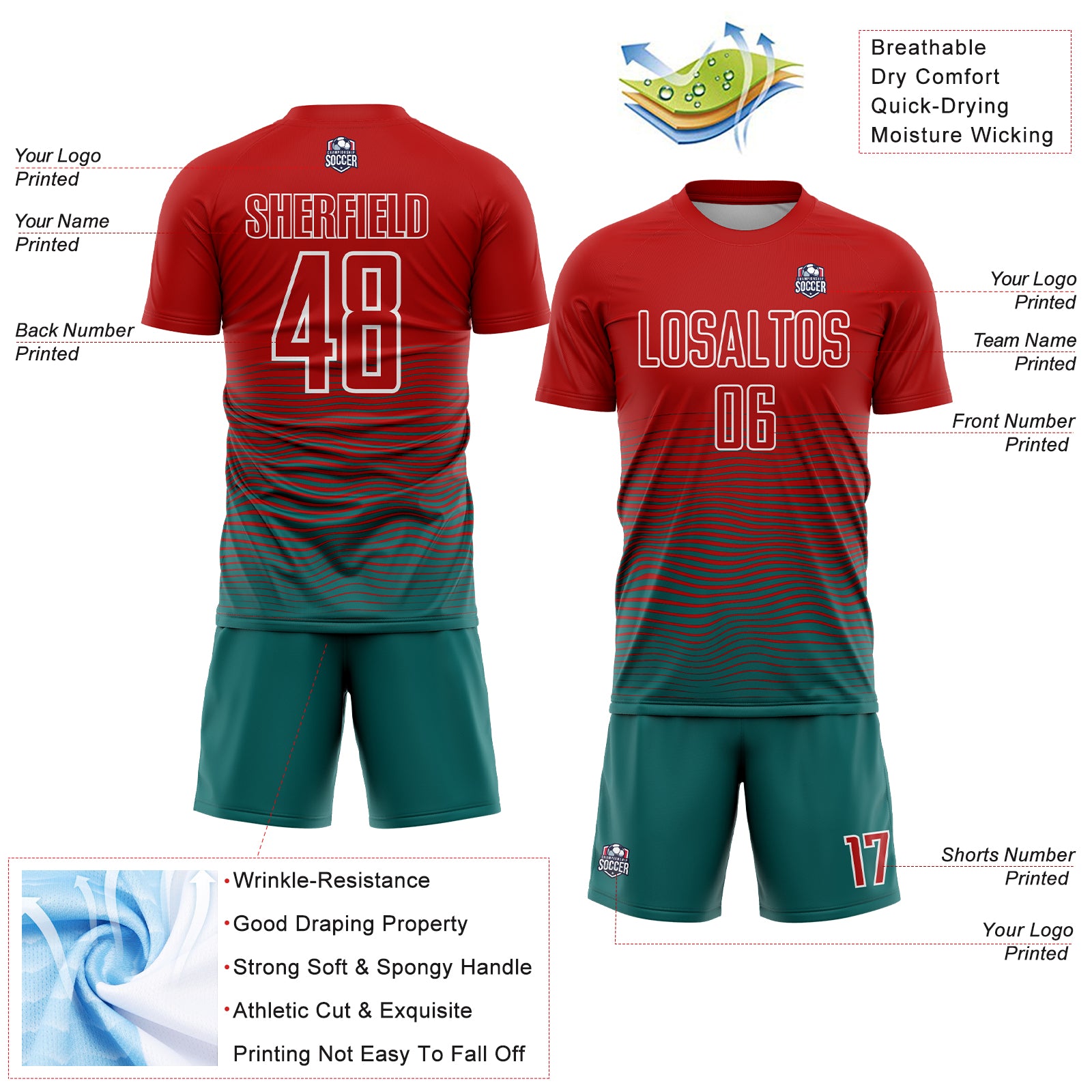 Custom Red Teal-White Gradient Line Sublimation Soccer Uniform Jersey