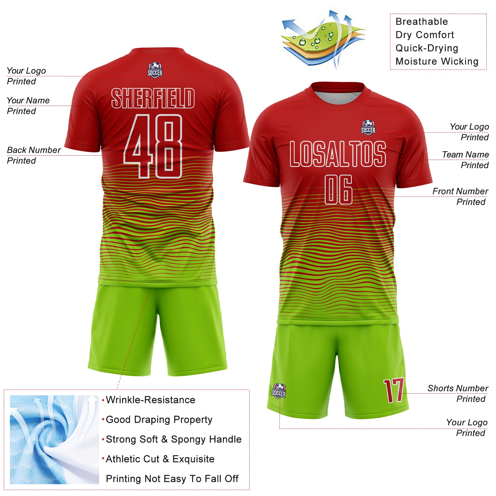 Custom Red Neon Green-White Gradient Line Sublimation Soccer Uniform Jersey