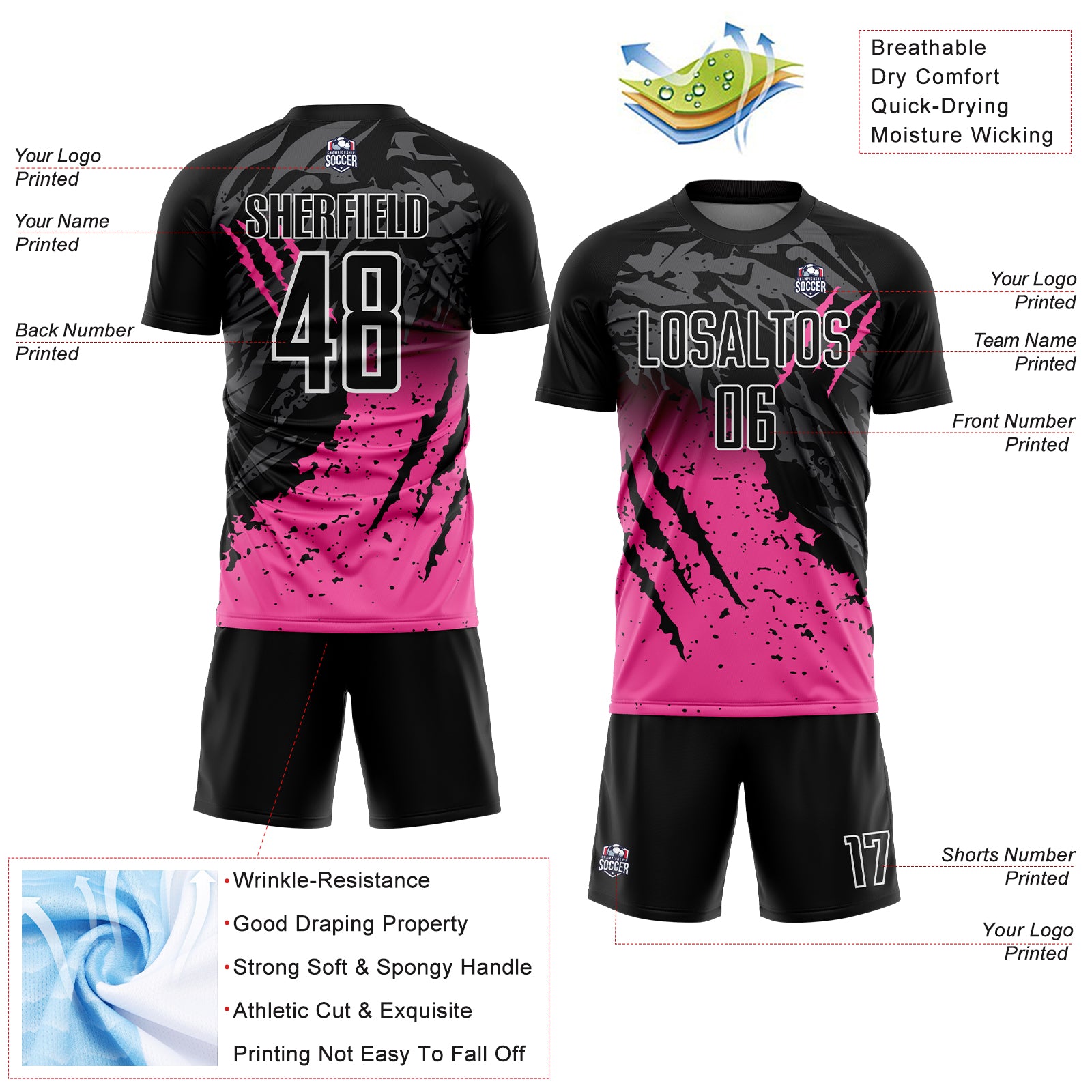 Custom Black Pink-White Gradient Scratch Splash Sublimation Soccer Uniform Jersey